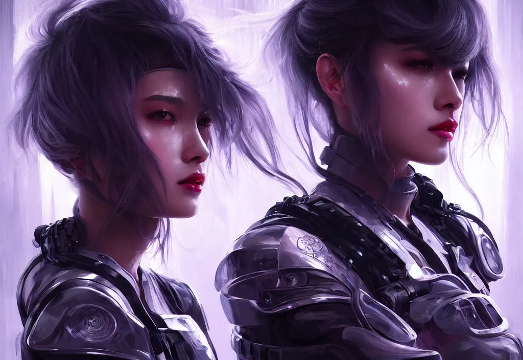 Image similar to portrait holy dark grey hair of futuristic police girl, black armored uniform, at neon light flashing reflected tokyo night, ssci - fi and fantasy, intricate and very very beautiful, highly detailed, digital painting, artstation, concept art, smooth and sharp focus, illustration, art by tian zi and wlop and alphonse mucha