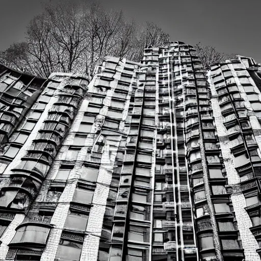 Image similar to photography of surreal apartment building on a field