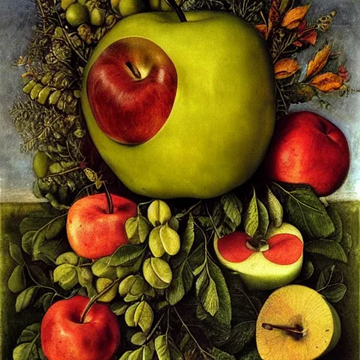 Prompt: giuseppe arcimboldo, steve jobs, red apples, green apples, yellow apples, leaves, branches