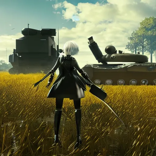 Image similar to a very high resolution image from nier : automata, featuring 9 s android fighting an armored vehicle resembling main battle tank in yellow rye field under pure blue skies