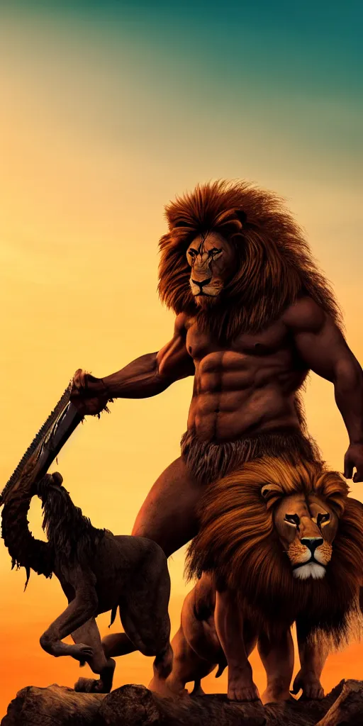 Image similar to muscular oversized lion animal as barbarian hunter covered in blood with weapon and anthropomorphic human oversized mutant proportions and very hairy body , backlight body , extreme very textured detailed panoramicpolaroid photograph, silhouette over sunset, dramatic clouds and cyan atmosphere