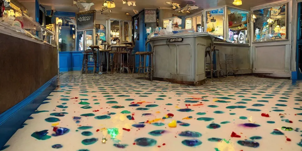 Prompt: inside a leaking freezer of melting ice cream cases is in an old fashioned ice cream parlor. the leak has made a colorful puddle of melted ice cream on the floor and is reminiscent to the shape of werewolf fangs. there is an eerie voluminous blue electric glow to the environment.