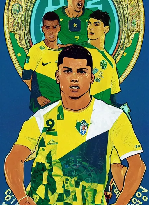 Prompt: og ronaldo nazario r 9 2 0 0 2 world cup brazil goal, number nine t - shirt, poster art jason shawn alphonse mucha james jean liam brazier victo ngai tristan eaton, yellow and green