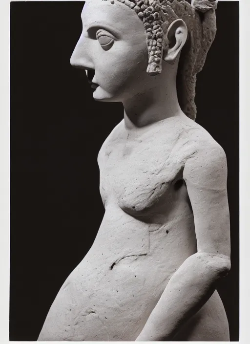 Image similar to realistic photo of a a ancient girl sculpture doll made of white clay, holding a pigeon, greyscale grain 1 9 6 0, life magazine photo, natural colors, metropolitan museum, kodak