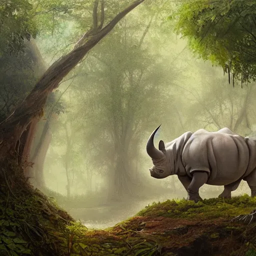 Image similar to a painting of a rhino in a forest, a detailed matte painting by marc simonetti, behance contest winner, fantasy art, matte painting, concept art, matte drawing. masterpiece