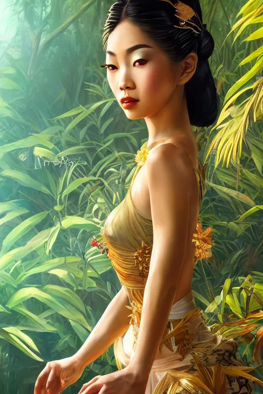 Prompt: stunningly beautiful, filipina geisha prima ballerina in jungle, symmetrical face, golden hour, smooth, focus, highly detailed, hyper realistic, dramatic lighting, elegant, intricate, concept art, art by wlop, mars ravelo, greg rutowski, artstation