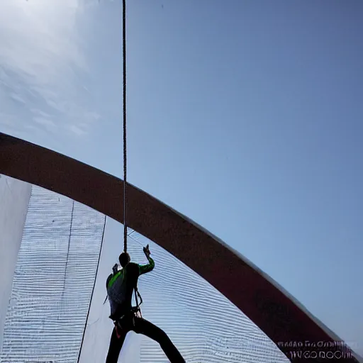 Prompt: a man in climbing gear scaling the st louis gateway arch