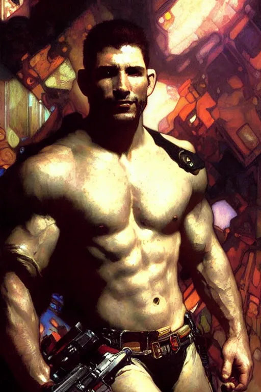 Image similar to chris redfield, attractive man, futurism, painting by gaston bussiere, craig mullins, greg rutkowski, alphonse mucha