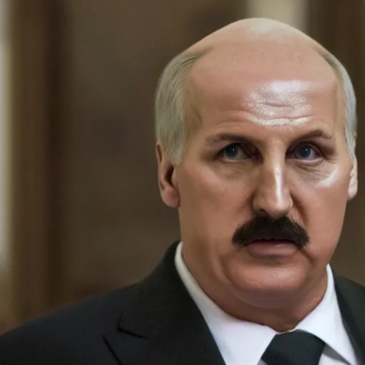 Image similar to Alexander Lukashenko as the American Psycho, staring psychopathically, sweating hard, cinematic still