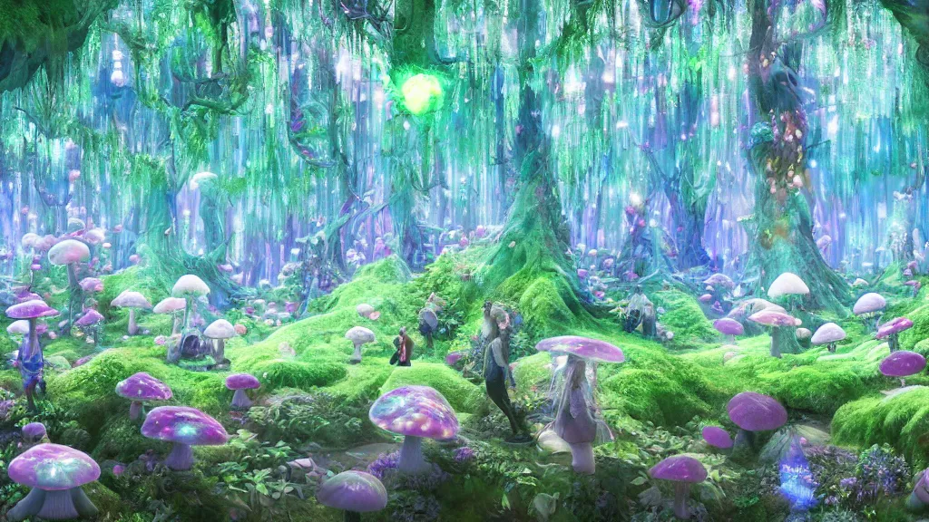 Prompt: 8k, acid trip, hall of mirrors, ultra detailed, a hyperrealistic image of a mycelium forest with neon glowing mushrooms, with magical creatures, by studio ghibli, trending on patreon, artstation, deviantart. Unreal engine