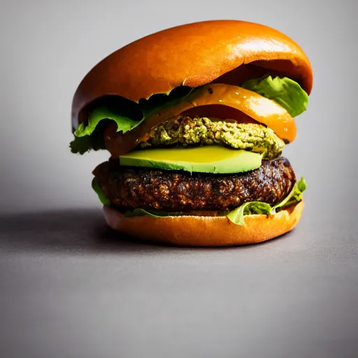 Image similar to juicy vegan hamburger topped with avocado and onion and a vegan fried egg, little chicken head inside the hamburger, crispy buns, 8 k resolution, professional food photography, studio lighting, sharp focus, hyper - detailed