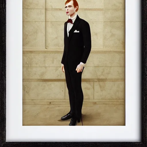 Prompt: pale redhead Donal Glison, dressed in formal suit, cinematic lighting, highly detailed, digital art, Renaissance painting, framed, by Rutkowsky,