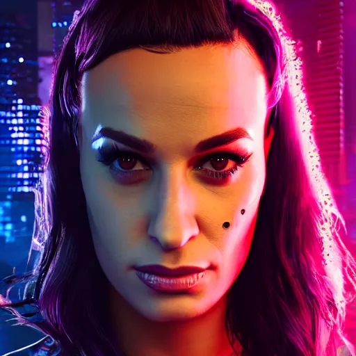 Image similar to lea michele portrait, cyberpunk 2 0 7 7, cyberpunk judy alvarez, photorealistic, ultra detailed, neon, octane, bokeh, cinematic lighting, cyber, cyberpunk city, studio quality, feature, scars, cyberface, 8 k