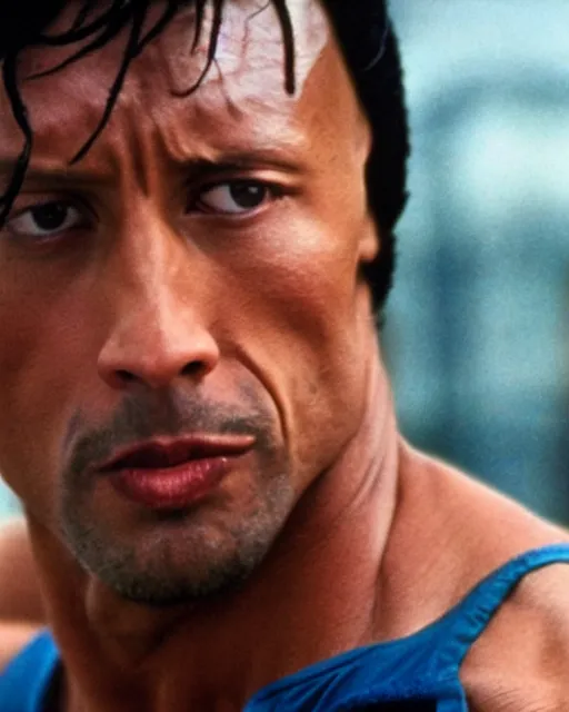 Prompt: Film still close-up shot of Dwayne Johnson as Rocky Balboa from the movie Rocky. Photographic, photography
