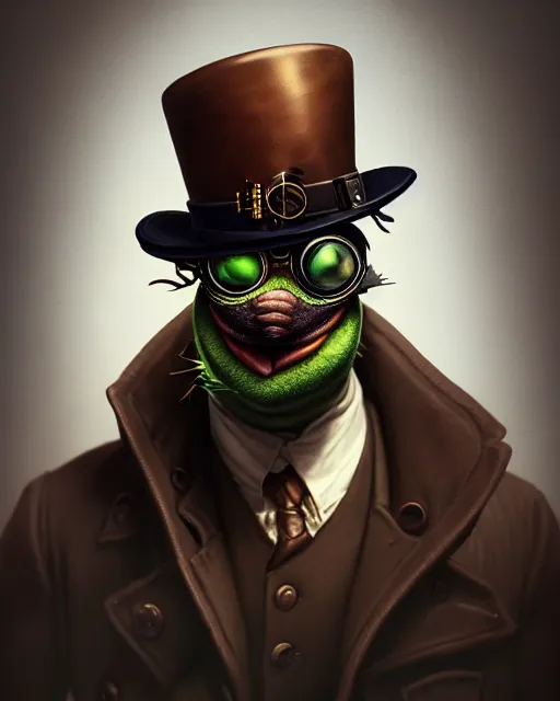 Prompt: steampunk male pepe portrait, handsome, steampunk hat, detective coat, steampunk monocle, complex 3 d render by ilya kuvshinov, peter mohrbacher, greg rutkowski, ryohei hase, dramatic lighting, intricate, highly detailed, sharp focus, luminous, unreal engine, blender, artstation, masterpiece, ray tracing