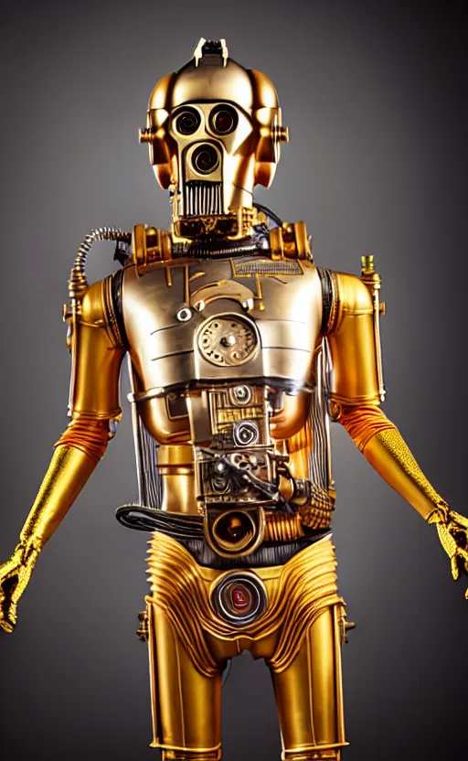 Image similar to steampunk version of c 3 po, promotional photo, studio lighting