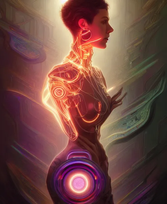 Image similar to a whirlwind of souls rushing inside the metaverse, hologram, half body, neurochip, shaved temple, piercing, jewelry, android, cyborg, cyberpunk face, by loish, d & d, fantasy, intricate, elegant, highly detailed, colorful, digital painting, artstation, concept art, art by artgerm and greg rutkowski and alphonse mucha