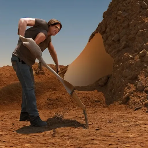 Image similar to tom cruise digging a giant hole with a shovel in a desert, photorealistic, unreal engine