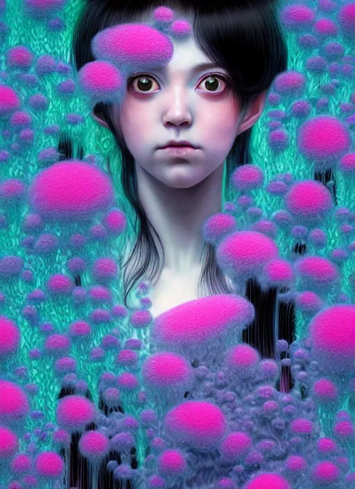 Image similar to hyper detailed 3d render like a Oil painting - kawaii portrait Aurora (black haired Fae) seen Eating of the Strangling network of yellowcake aerochrome and milky Fruit and Her delicate Hands hold of gossamer polyp blossoms bring iridescent fungal flowers whose spores black the foolish stars by Jacek Yerka, Mariusz Lewandowski, Houdini algorithmic generative render, Abstract brush strokes, Masterpiece, Edward Hopper and James Gilleard, Zdzislaw Beksinski, Mark Ryden, Wolfgang Lettl, hints of Yayoi Kasuma, octane render, 8k