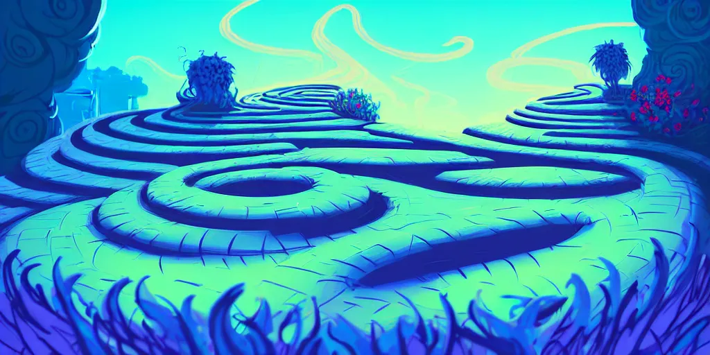 Prompt: blue tones, curled perspective digital art of spiral clouds cobblestone street with wildflowers top of a hill with curly palmtrees by anton fadeev from nightmare before christmas