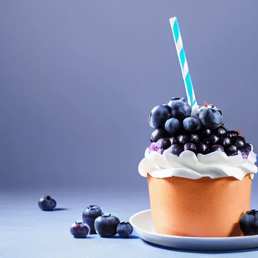 Image similar to delicious looking blueberry milkshake, blueberries on the side, whipped cream on top, 8 k resolution, professional food photography, studio lighting, sharp focus, center frame, hyper - detailed