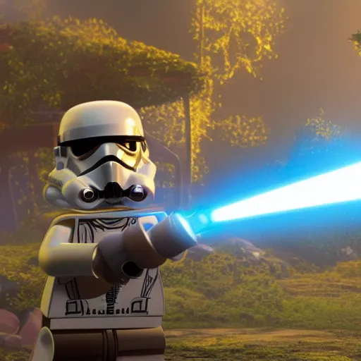 Image similar to a lego star wars battle scene with a person holding a light saber, a 3D render by George Lucas, cg society contest winner, toyism, #vfxfriday, reimagined by industrial light and magic, anamorphic lens flare