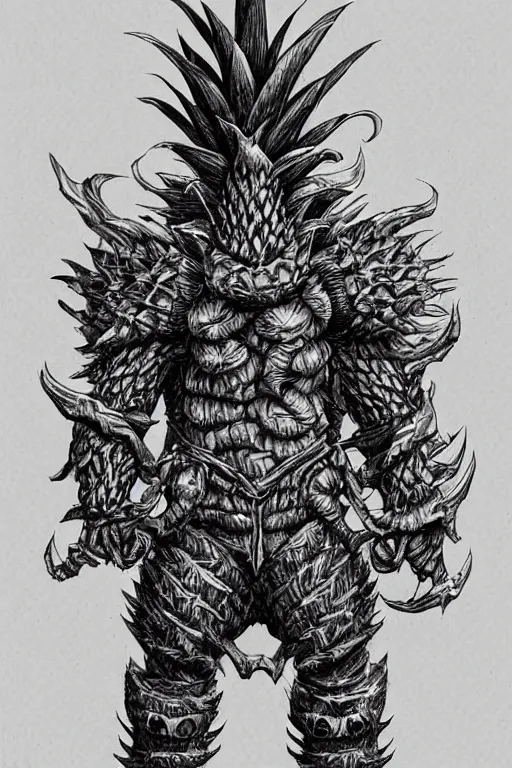 Image similar to screeching pineapple humanoid figure monster wearing themed armour, symmetrical, highly detailed, digital art, sharp focus, trending on art station, kentaro miura manga art style