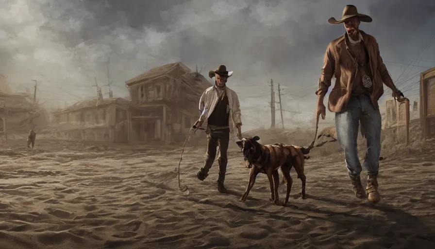 Prompt: guy and his dog walking in an abandoned cow - boy town covered by sand, heavy wave, hyperdetailed, artstation, cgsociety, 8 k