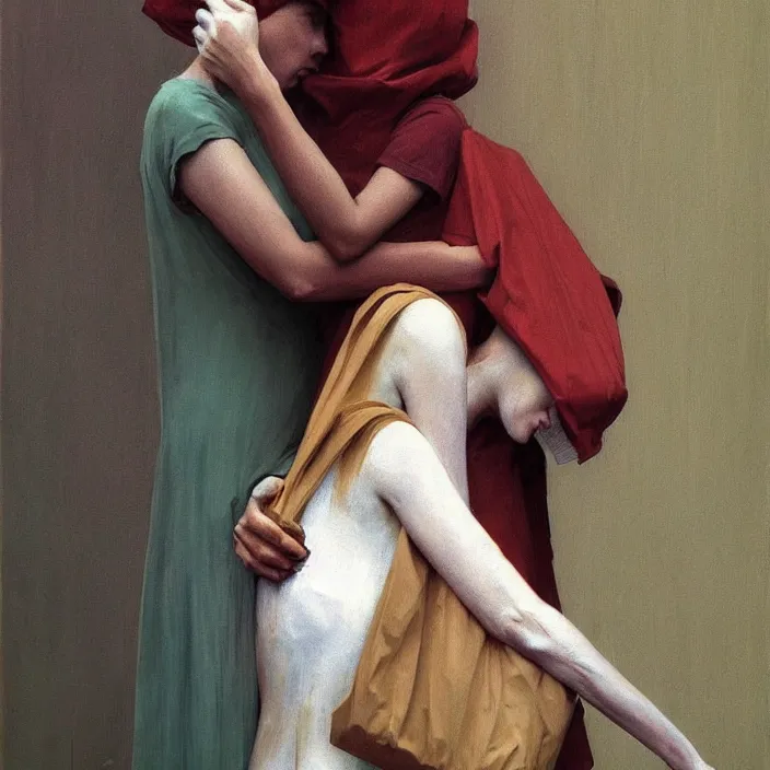 Image similar to two women hugging with a paper bag over the head dressed in plastic bags, highly detailed, artstation, art by, , edward hopper, Zdzislaw Beksinski, highly detailed