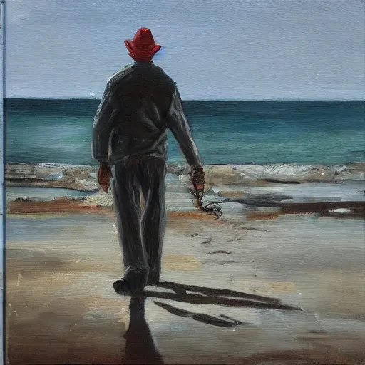 Image similar to a man in a hazmat walking on an abandoned beach, oil painting