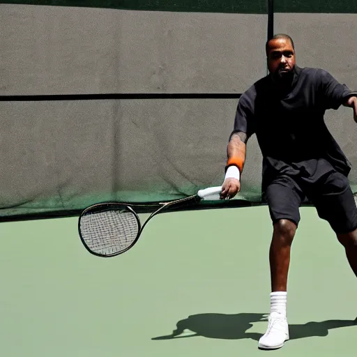 Prompt: kanye west playing tennis against a clone of himself