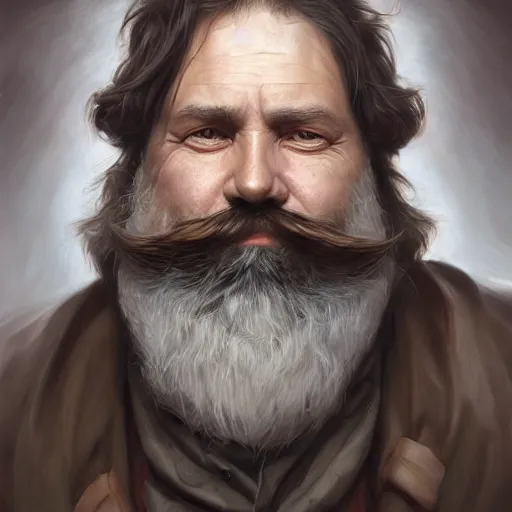 Image similar to centered detailed portrait of an old smuggler with a huge beard::art by James Christensen and Artgerm and Sophie Anderson::realistic character concept, identical eyes, gazing eyes, beautiful eyes, medium shot, elegant pose, science fiction, illustration, slender symmetrical face and body, artstation, cinematic lighting, hyperdetailed, cgsociety, 8K, 4K, high resolution, single face, insanely detailed and intricate, beautiful, elegant, golden ratio, vfx::post apocalyptic, Fallout style, destroyed city on background