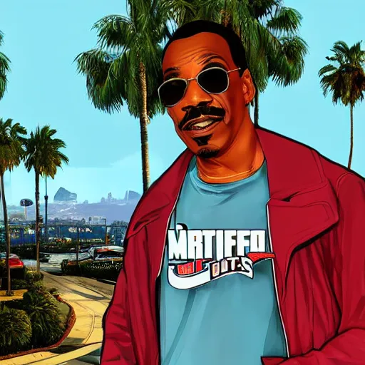 Image similar to Eddie Murphy in GTA V. Los Santos in the background, palm trees. In the art style of Stephen Bliss