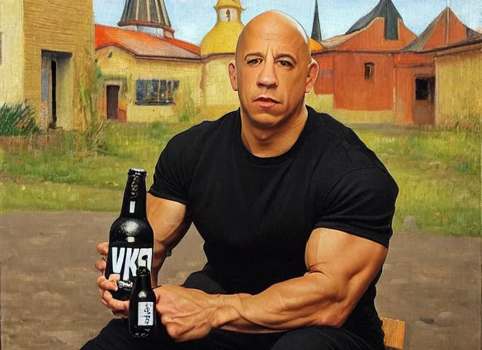Prompt: vin diesel in black adidas sport costume, as gopnik character, sitting on a bench with huge beer bottle and a nokia 3 3 1 0, in the courtyard of a provincial russian town, intricate, oil on canvas, naturalism
