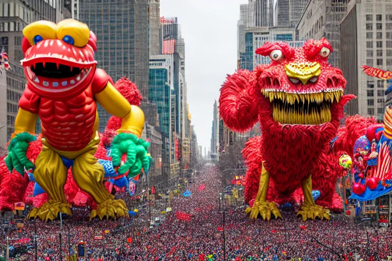 Image similar to photo of giant beautiful elaborate parade float monster designed by greg rutowski and geof darrow, in the macys parade, detailed 4 k photo, gigapixel, hyperdetailed