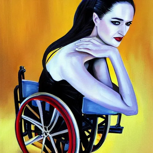 Prompt: modern stylized oil painting caricature of sansa eva green in wheelchair, cinematic dramatic lighting