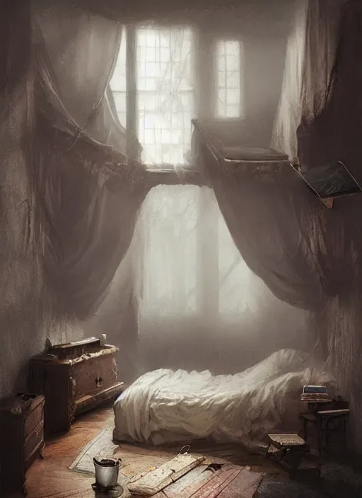 Image similar to a dreary bedroom, but floating above the bed are fantastical scenes of dreams, dreams invading mundane spaces, fantasy infiltrating reality, wisps of the impossible, 8k, ultradetailed, illustrated by Greg Rutkowski and Caspar David Friedrich.