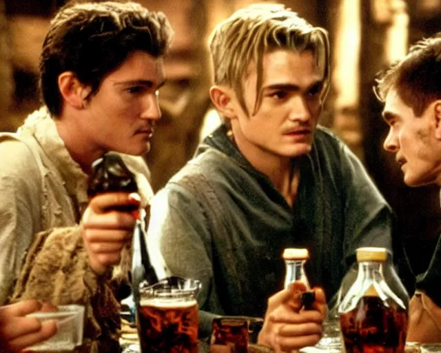 Image similar to Will Turner and Legolas drinking cola in the pub, film still, high detail