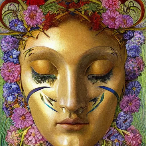 Image similar to masterpiece painting of a facemask made of flowers, by annie swynnerton and jean delville and tino rodriguez and diego rivera, stylized, flower mask, symbolist, dramatic lighting, god rays, elaborate geometric ornament, clean crisp graphics, soft cool colors, smooth sharp focus, extremely detailed