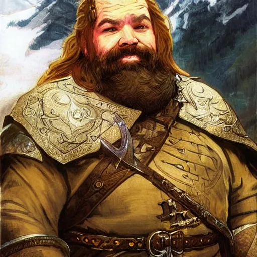 Image similar to Dwarven ranger. Epic portrait by james gurney and Alfonso mucha (lotr, witcher 3, dnd, dragon age, gladiator, scoia'tael).