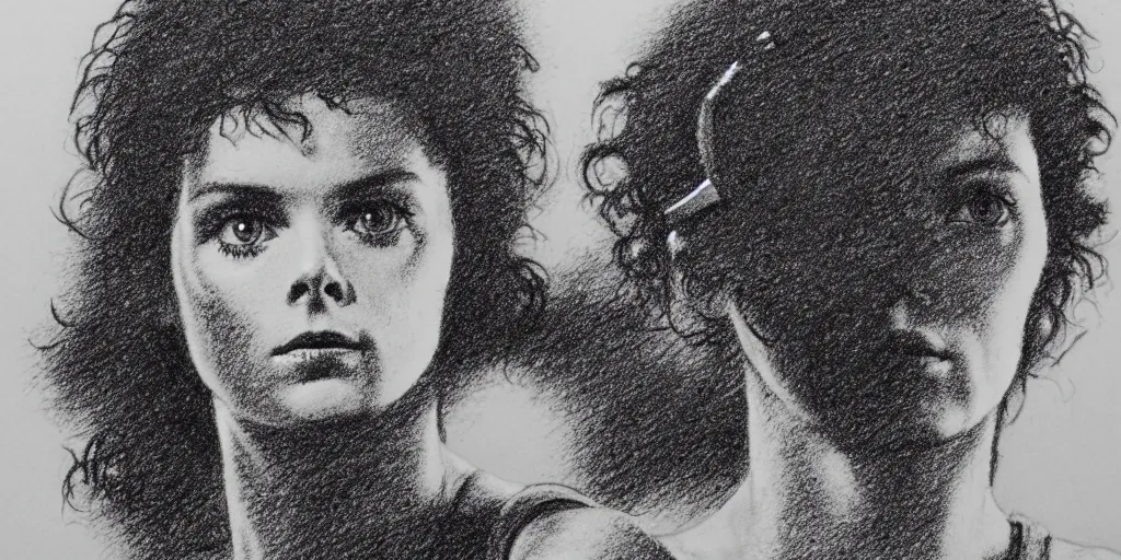 Prompt: a stipple drawing of ripley from the movie alien, looking into the camera