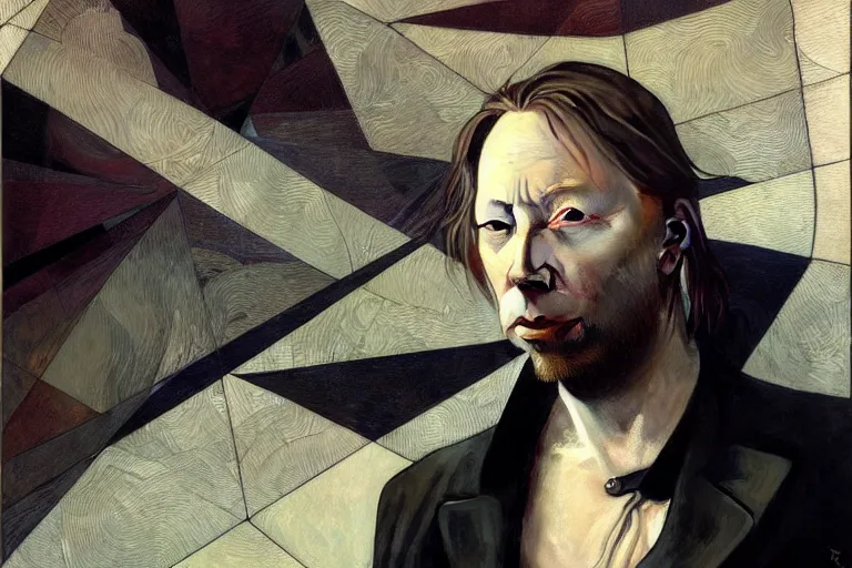 Image similar to hyper realistic portrait of wider faced thom singer songwriter yorke, by lee bermejo, alphonse mucha and greg rutkowski