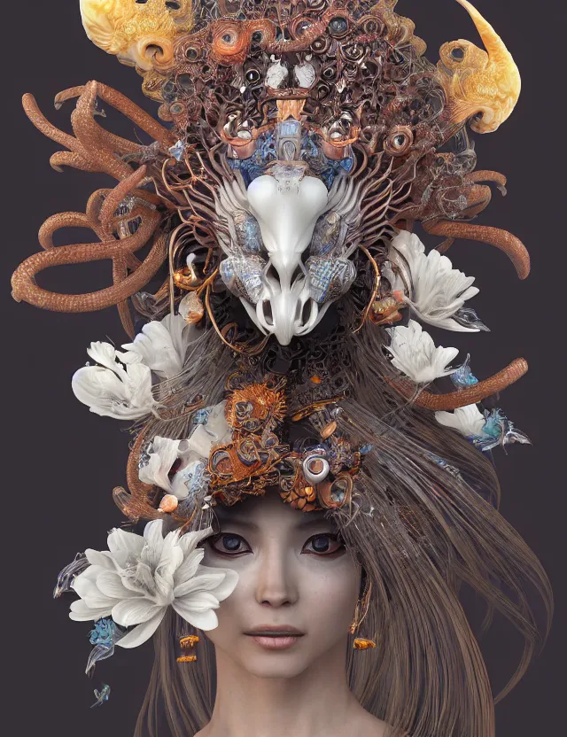 Image similar to 3 d goddess close - up 3 / 4 portrait with ram skull. beautiful intricately detailed japanese crow kitsune mask and clasical japanese kimono. betta fish, jellyfish phoenix, bio luminescent, plasma, ice, water, wind, creature, artwork by tooth wu and wlop and beeple and greg rutkowski