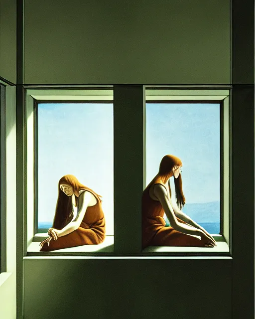 Image similar to twins, sisters, in the void, by the mirror, station, alex colville, otto mueller, stephen conroy, sandro botticelli, andrew newell wyeth, daniel maidman yussi picho octane rendering