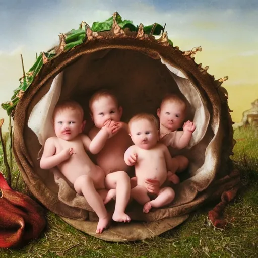 Image similar to photo of baby knights of the round table, by anne geddes, 4 k, very detailed