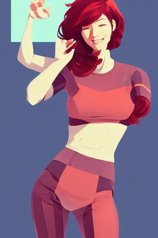 Image similar to clean cel shaded vector art concept art of curvacious redhead cyborg woman softly smiling at camera wearing 👖 and 👕 illustration by lois van baarle, artgerm, helen huang, by makoto shinkai and ilya kuvshinov, rossdraws, illustration, art by ilya kuvshinov