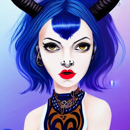 Image similar to illustrated portrait of ram-horned devil woman with blue bob hairstyle and hex #FFA500 colored skin and with solid black eyes wearing leather by rossdraws