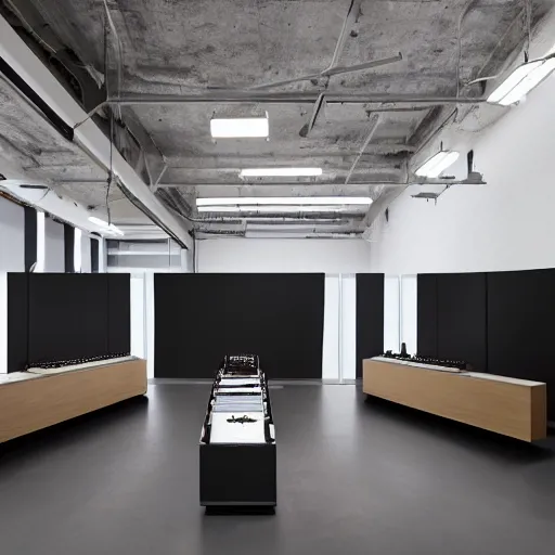 Prompt: a dezeen showroom, archdaily photo of synthesizers by virgil abloh & Patricia Urquiola