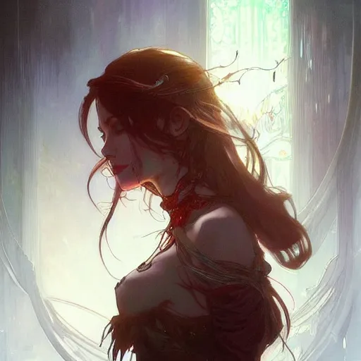 Image similar to digital character concept art by artgerm and greg rutkowski and alphonse mucha. clear portrait of vampire girl, blood dripping, light effect. hyper detailed, glowing lights!! intricate, elegant, digital painting, artstation, smooth, sharp focus