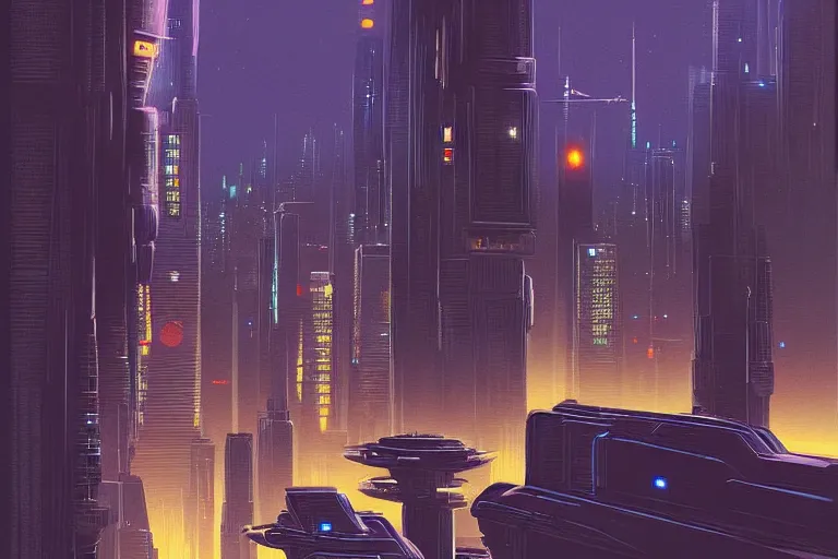 Prompt: a scifi illustration, Night City on Coruscant by robert hubert